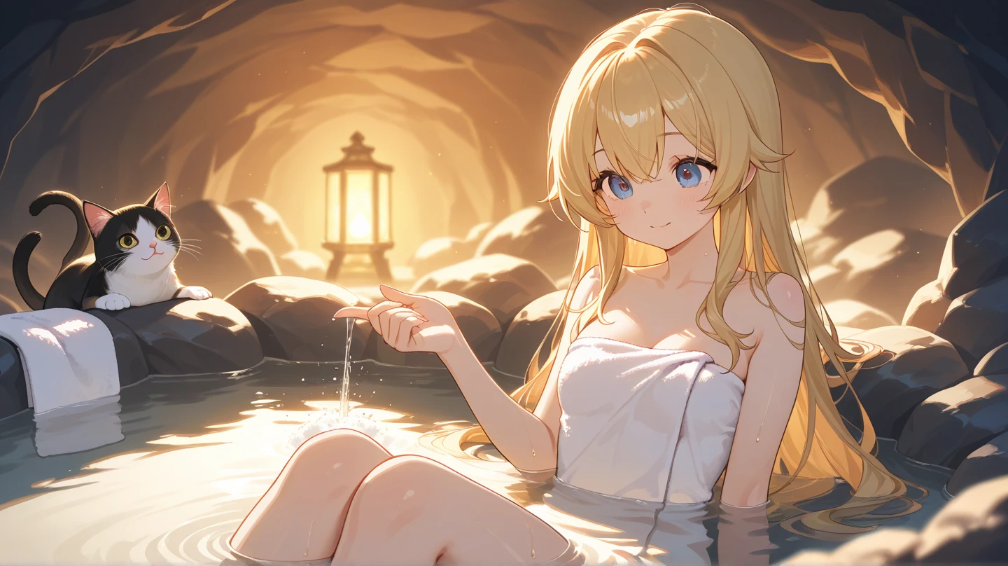 Anime Moe Art Style,highest quality,High resolution,Anatomically correct,One Woman,Twenty years old,Blonde,Super long hair,Upstyle Hair,Green Eyes,Super detailed,Fantasy Style,Medium sized breasts,smile,night,In the mountains,Taking a bath in a hot spring,Wrapped in a bath towel,8K