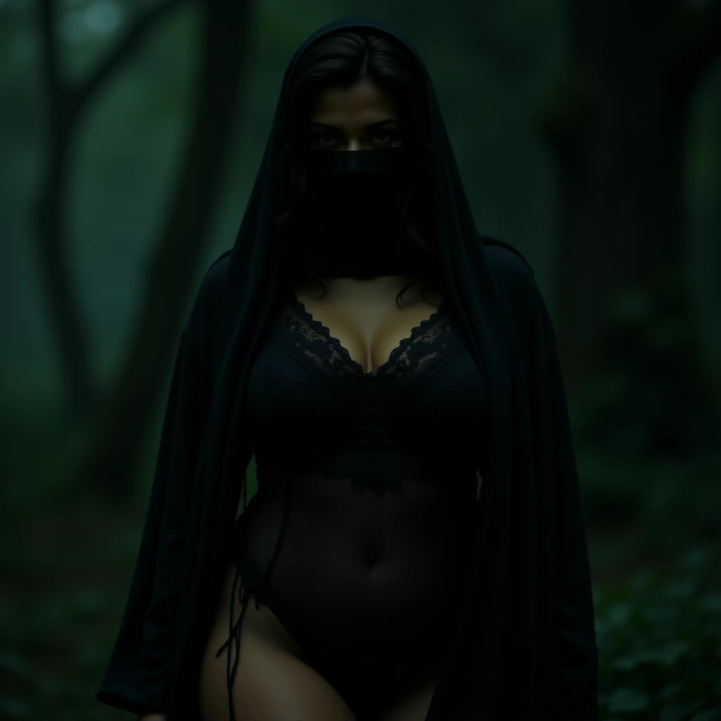 high, Very thin, A skinny, slender girl., in transparent tights all over the body , with a hood. naked , fatty, highly shiny body on a very dark night, Dim lighting at dusk, dark fantasy,in heels, Beautiful face