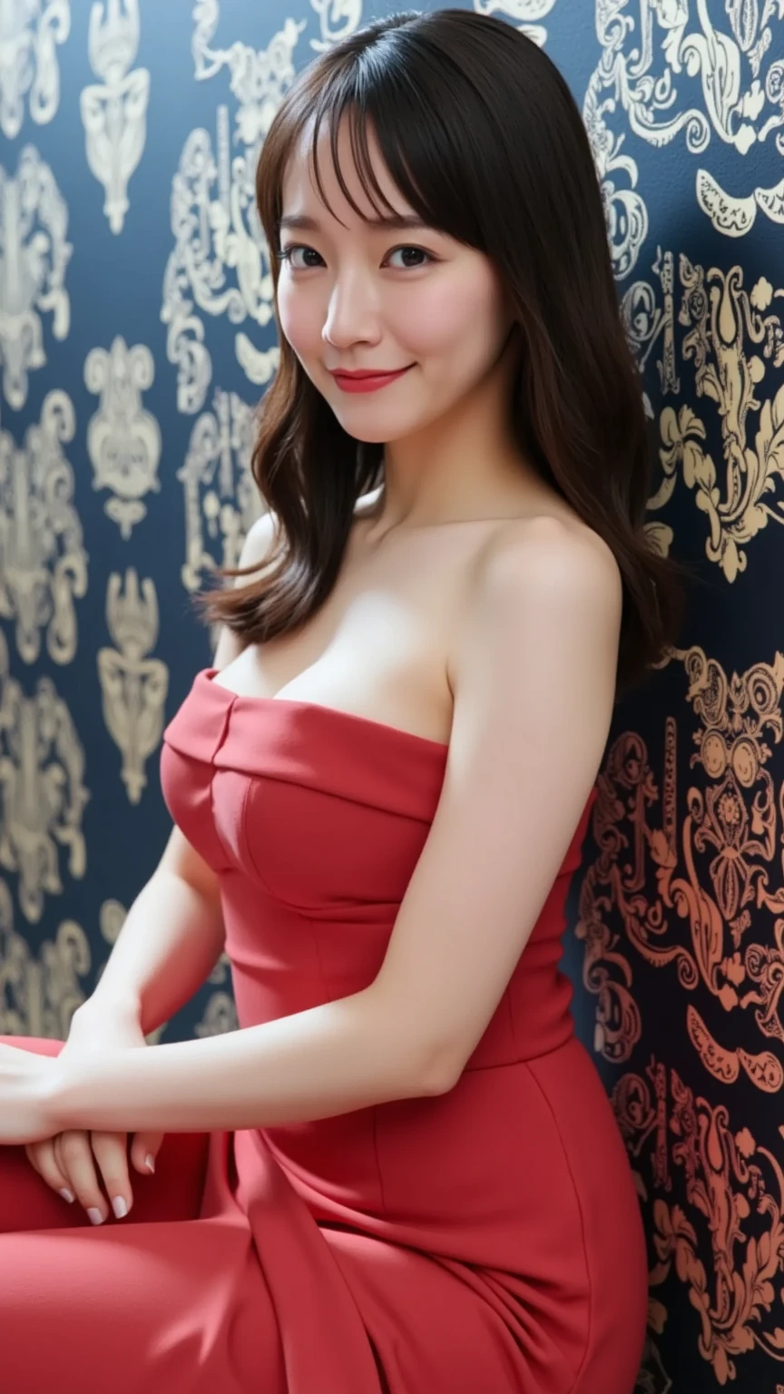 (Realistic lighting, best quality, 8K, masterpiece: 1.3), sharp focus: 1.2,
One stunning woman, (Slim figure: 1.1),
Beautifully posing in front of the camera,
Dark curly hair cascading down her shoulders,
(Large, expressive eyes: 1.3),
Bright smile illuminating her face,
(Delicate, feminine hands: 1.2),
Wearing a revealing, off-shoulder red dress,
Sensuous curves accentuated by the low-cut neckline,
(Full, luscious lips: 1.2),
Lean,