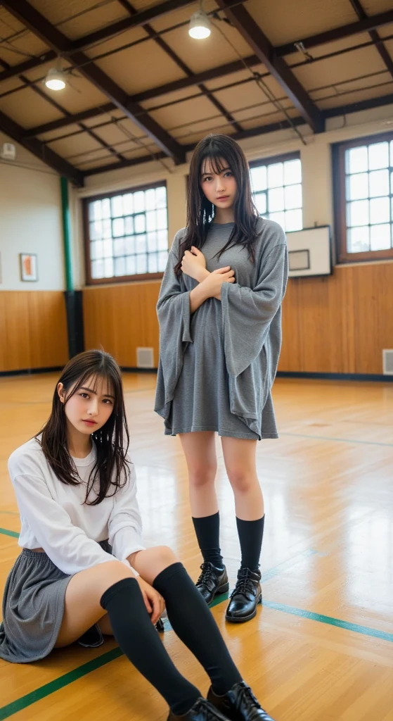 deux femmes ensemble de 18 ans sexy et mince , black short sleeve hoodie , salle de classe, se touche,position sey,sensuel