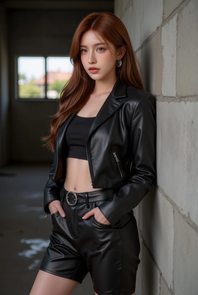 (8k、RAW Photos、Highest quality、masterpiece:1.2)、(Realistic、Realistic)、1 Girl、((Black Leather Jacket、Shorts、Dark Stage、Blonde、Exposed Skin、Frilledium Hair、whole body、boots、View from the front、Looking at the camera、Kneeling))、cute