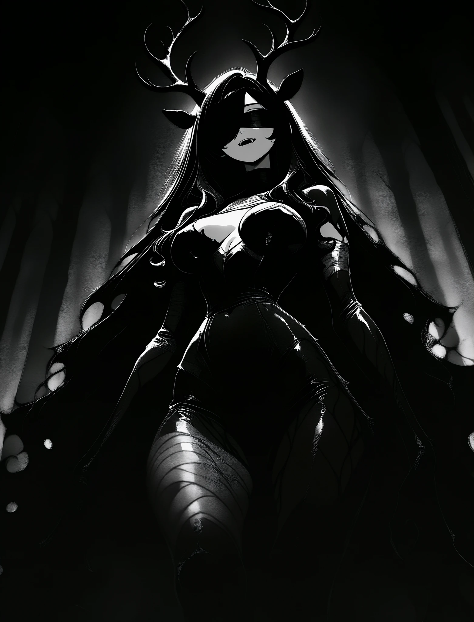1girl, Kuroki Monika, black hair, very long hair, hair over right eye, large breasts, (petite but curvy, very cute), monster girl, giant girl, deer monster, blindfolded, wearing bandages, pale skin, very long hair, stringy hair, fangs, unnaturally long limbs, claws, looming, from below, chapel, deer head, ,horrorcctvlora,Horror ,Dark room background,gusen, , Dark dreams, Eerie reality, Horror, Darkness