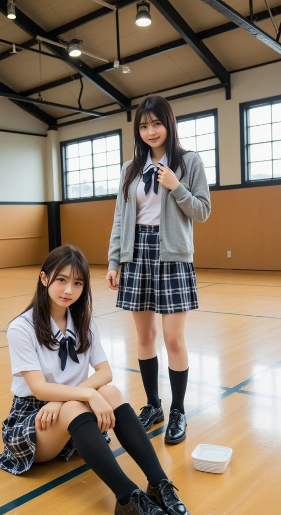 masterpiece, Highest quality, 8k, Young and beautiful girl, Baby Face、Clothed Big Tits、((((((10 years old)))))),((Large Breasts:1.3)), photo shoot, Cute Face, Thighs, classroom, Embarrassing、smile、 compensate, 10 generations, Detailed face, Background blur、Long Hair、Black Hair、Tight waist,((school uniform、White shirt、Checked mini skirt))、Black knee-high socks