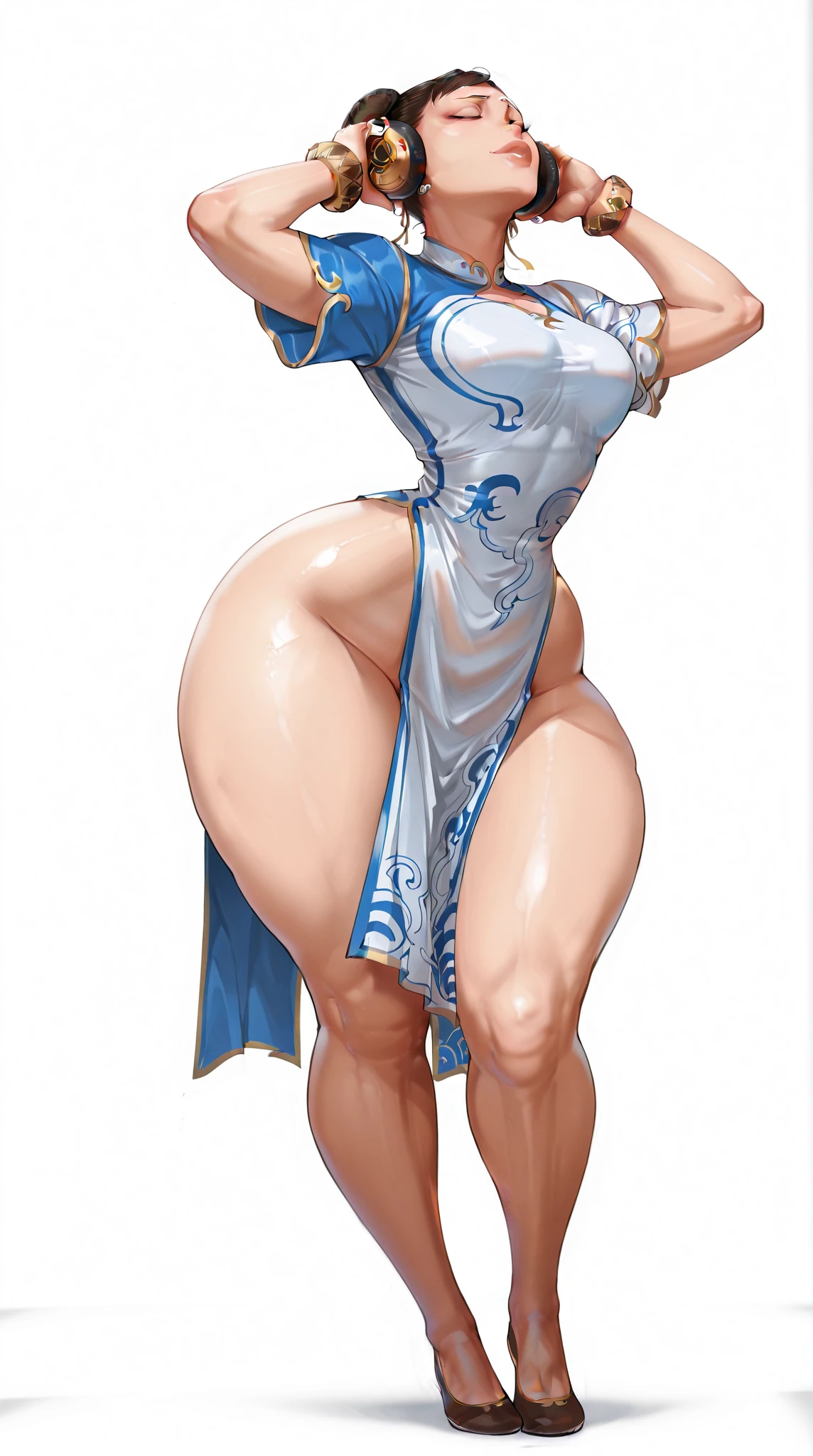 (masterpiece), best quality, female warrior, huge girl, female muscular:1.2, long hair:0.5, (silver hair), big breast, (curvy:1.8), (((blank background))), ((full body)), fingerless gloves, sandals, sleeveless, covered nipples, detailed dress, ((camel toe)), corset, bare legs , ((showing armpits)), ((long legs:1.5)), tall girl