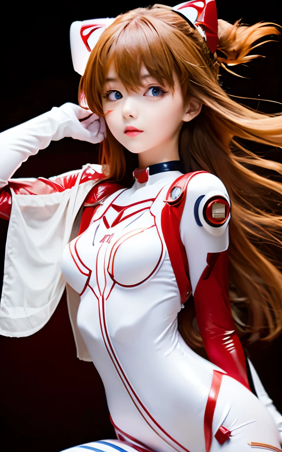Very detailed background, masutepiece, Best Quality, 1girl in, Solo, ((masutepiece, Best Quality)),Best aesthetic, Zero Two (darling in the franxx), darling in the franxx, Bangs, Biting, blush, Covered navel, eyeshadows, Green eyes, hair behind head, put hands on the hip, Smile, Long hair, Looking at Viewer, makeup, medium breasts, pilotsuit, Red suit, Pink hair, Red eyeshadow, Science fiction, Skin Tight,