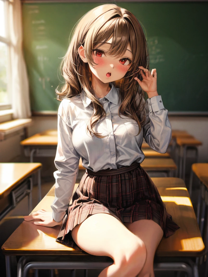 (table top: 1.3), (maximum resolution: 1.2), (Ultra HDTV: 1.2), cinematic light, Ultra HDTV, (fine eyes and skin), (detailed facial features), nffsw, 8K resolution, sharp focus: 1.2, perfect style, beautiful face, acura, anatomically correct, Highly detailed face and skin texture, fine eyes, brown eyes, double eyelid, thin eyebrows, glitter eyeliner: 1.2, natural cheeks, Glossy skin, Fair skin: 1.2, small shiny necklace and earrings, (glossy lips: 1.4), 
break
一人称視点, wearing high , (embarrassing:1.2), (blush:1.2), innocent and cute girl, (high ponytail, wavy hair, light brown hair, bangs flowing diagonally), medium long hair, 
break
(full body shot: 1.2), (from below:1.3), (focus on legs), ((very close relationship: 1.2)), (medium to large breasts:1.1), ((Sit on a school chair with your legs closed)), ((Pose with a little panties and skirt slightly raised:1.2)), 
(((In the classroom: 1.2)),  (look up at the audience:1.2)), ((Background of many other students:1.4)), (((smile)))