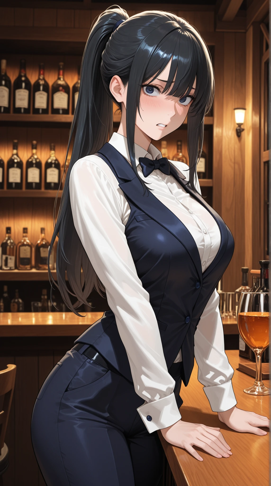 <lora:Kyoko_LoHa_LeaderThree_v1:1>,
HazukiKyokoLT, sugina miki style, yellow ribbon, black eyes, black hair, low ponytail, hair between eyes, bangs, collarbone, pencil skirt, cleavage, large breasts,
bartender, collared shirt, vest, bar /(place/), counter,
