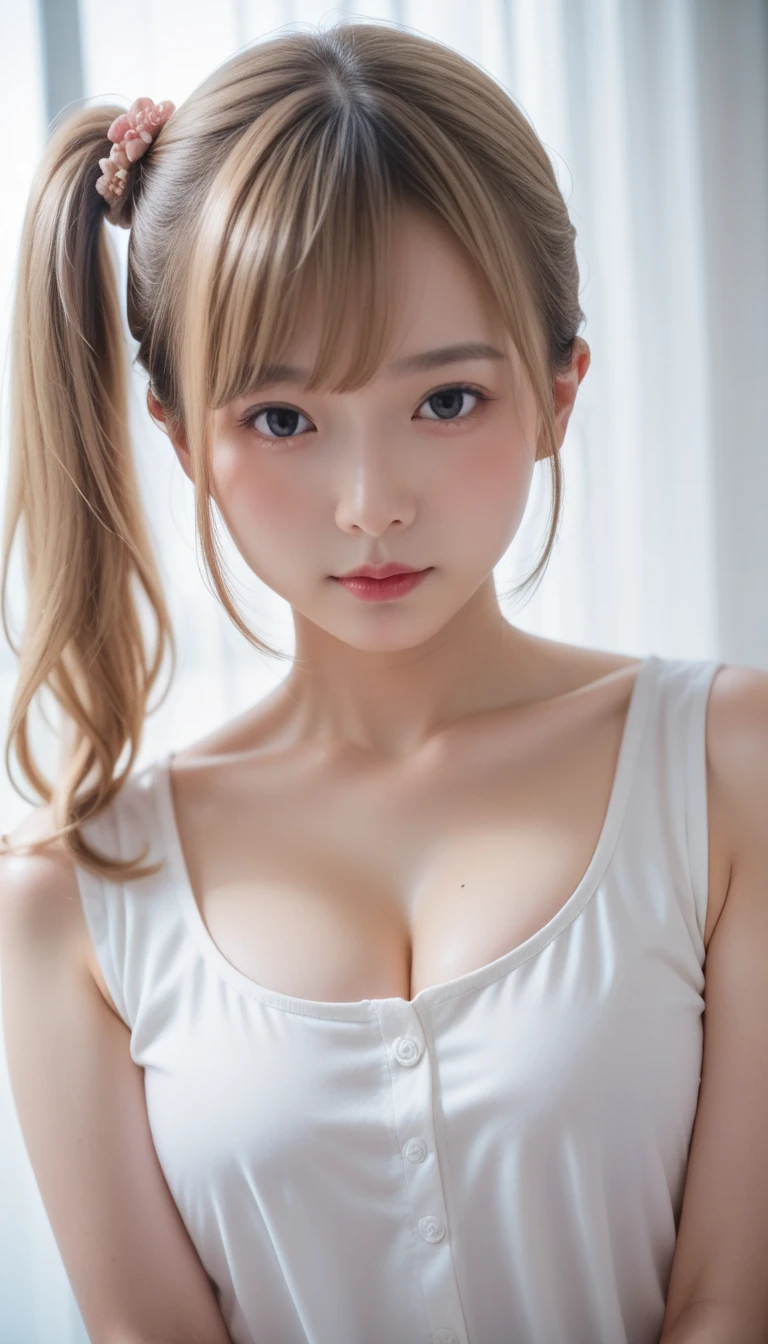HDR, 1 Girl, Beautiful, Baby Face, 18 Years Old, White Skin, Cleavage, Sleeveless, Starpless Night Dress, ((muscles:1.1)), City Outdoor, Grey Hair, Grey Ponytails, Laugh, Girly Feminine Pose, Large Breasts, ((bokeh:1.1)), ((adorable:1.1)), ((masterpiece:1.1))
