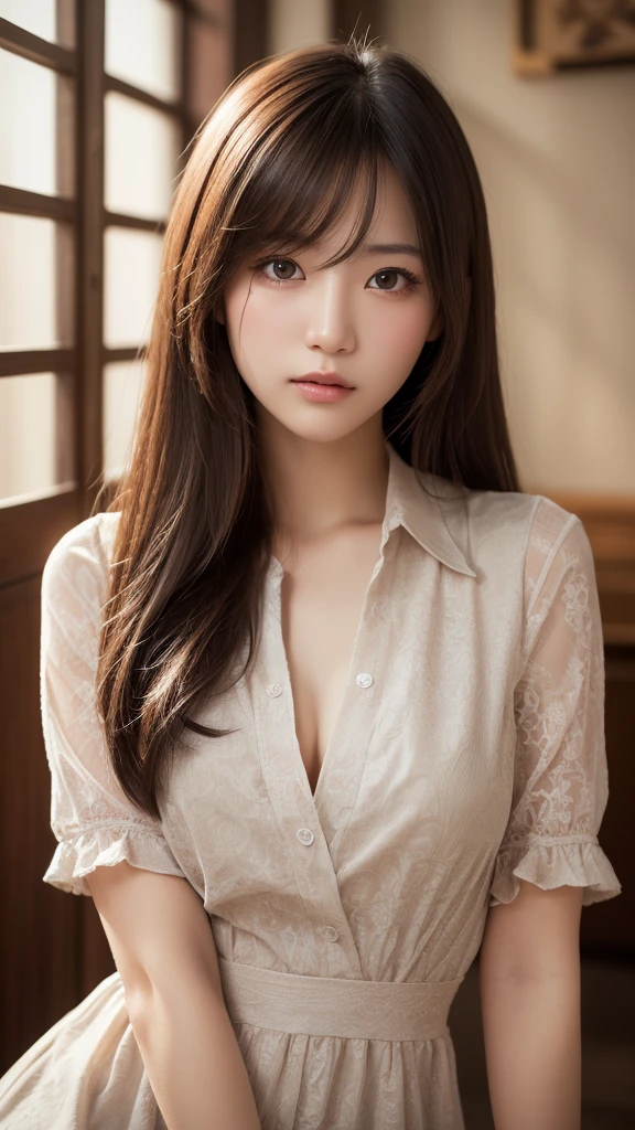 masterpiece, highest quality, High resolution, table top、wallpaper, realistic, bright lighting, professional lighting, face light, smooth lighting, japanese girl, cute, open mouth to say something, Beautiful girl, gravure, sexy, super beautiful, beautiful skin, beautiful and detailed eyes、detailed face、slim、moderately、hair Up、brunette colored hair、brown eyes, look at the camera, Silk shirt,