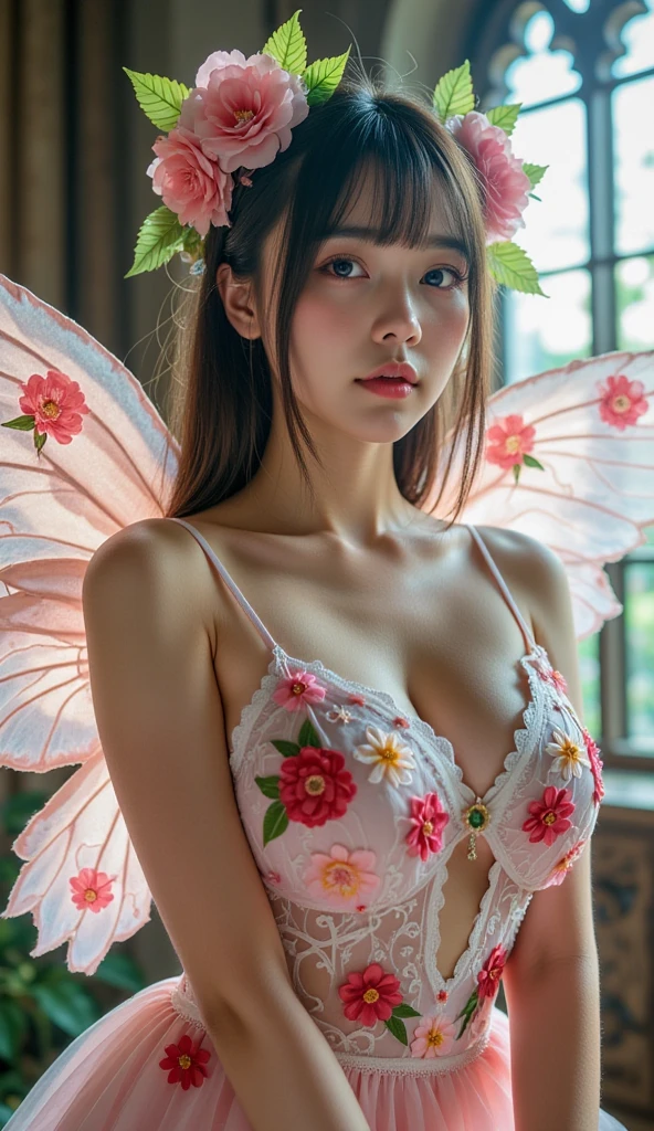 muste piece, best quality, (highest quality、8K、masterpiece:1.3)、ultra high resolution、Physically based rendering、(photorealistic：1.37)、beautiful woman with perfect body:1.4、slim abdomen:1.2、Highly detailed face and skin texture、 red cheeks、white skin、thin waist,thin legs、highest quality,very beautiful 12 year old girl, (cute:1.2),perfect shiny skin,((Precise hands without any discomfort)), brown hair,(short bob hair),(((full nude)))、(((upper body nude)))、(((lower body nude)))、(((stand in a flower field)))、big smile、((big butterfly wings))、(I can see the nipples)、(I can see pubic hair)、((black rimmed glasses))