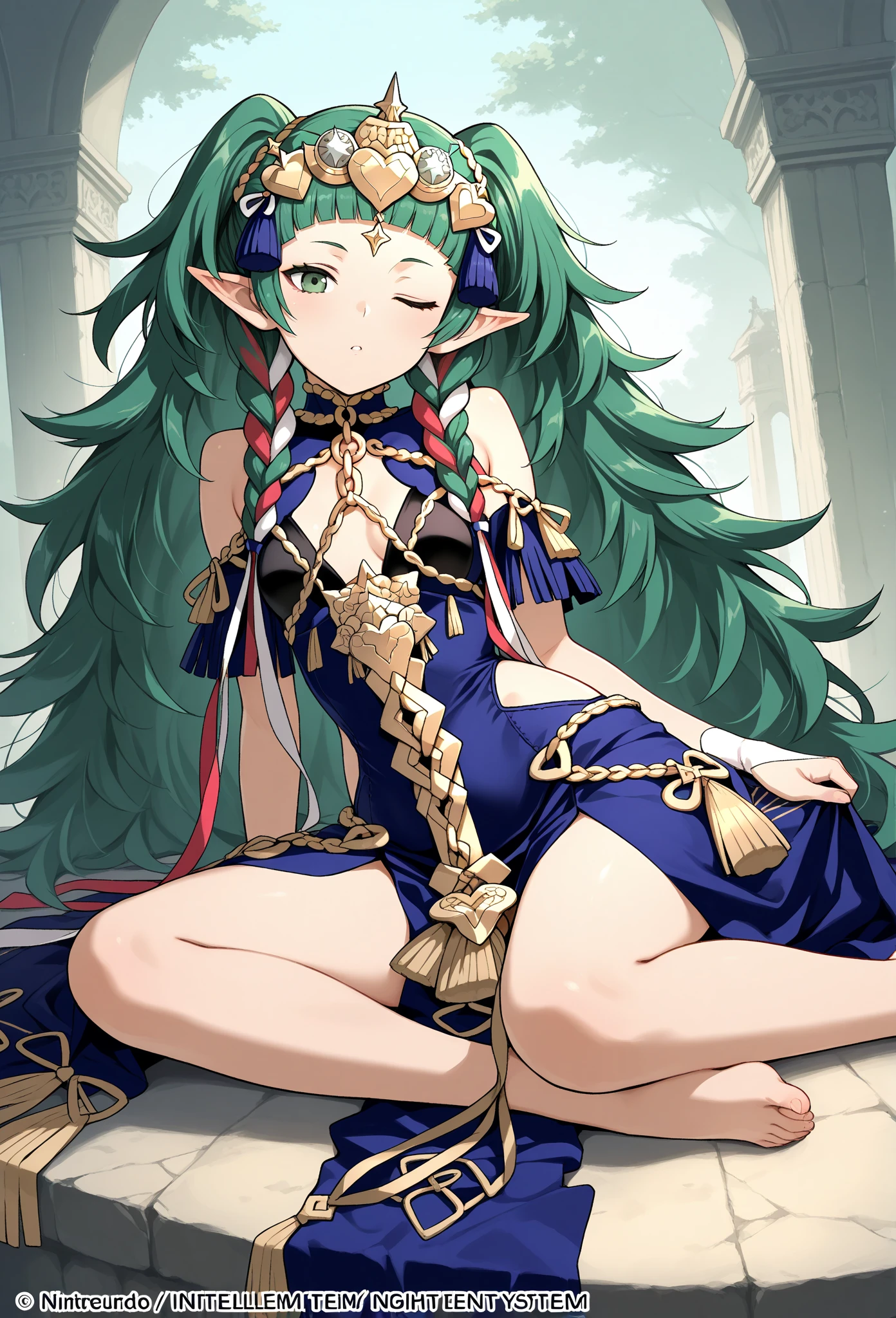 1girl,solamente,Chica duende,cabello negro, pelos cortos,Ojos rojos,pechos enormes,presumido,corona,Magic wand in hand,Assistant's Robe,pendientes de anillo,dentro, piel verde