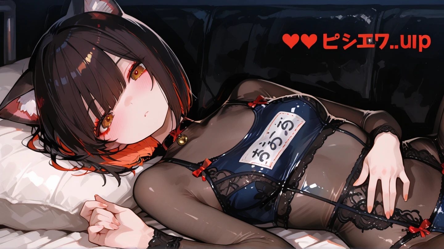 1个ember孩, ember人,ember, short detailed hair, brunette color hair,collars,Facial, leg loops,Soft bed,Relax the body,unfolding,Bedrooms, highest quality,超高分辨率