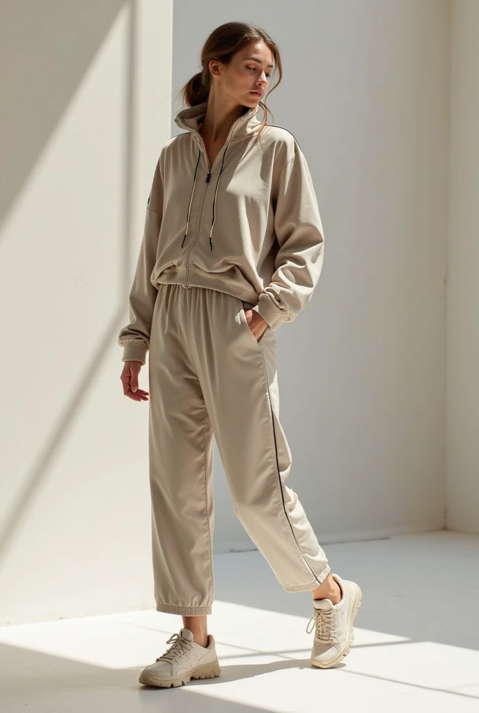 woman in a white sweatshirt and trousers, a painting, inspired by Emanuel de Witte, dau-al-set, productphoto, Dolman, drake, full-length photo, product introduction photo, In the style of Dora Maar, productphoto в высоком разрешении, with text, Neutral color, Genesis, army, 2019, Off-white, dark tone, official