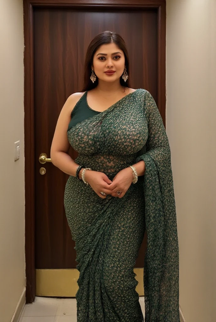 A tall very plump beautiful 1 woman with very toned body wearing a tight sari,nedium breasts,s the perfect face,perfect eyes,high definition detail,high detal,tack sharp focus,studio photo,HD makeup,Sparkling makeup,Celebrity makeup,((full-body view))Heavy jewelry,((Full))(())((centered image)) (hd render)studio portraits,magick,magick,fanciful,