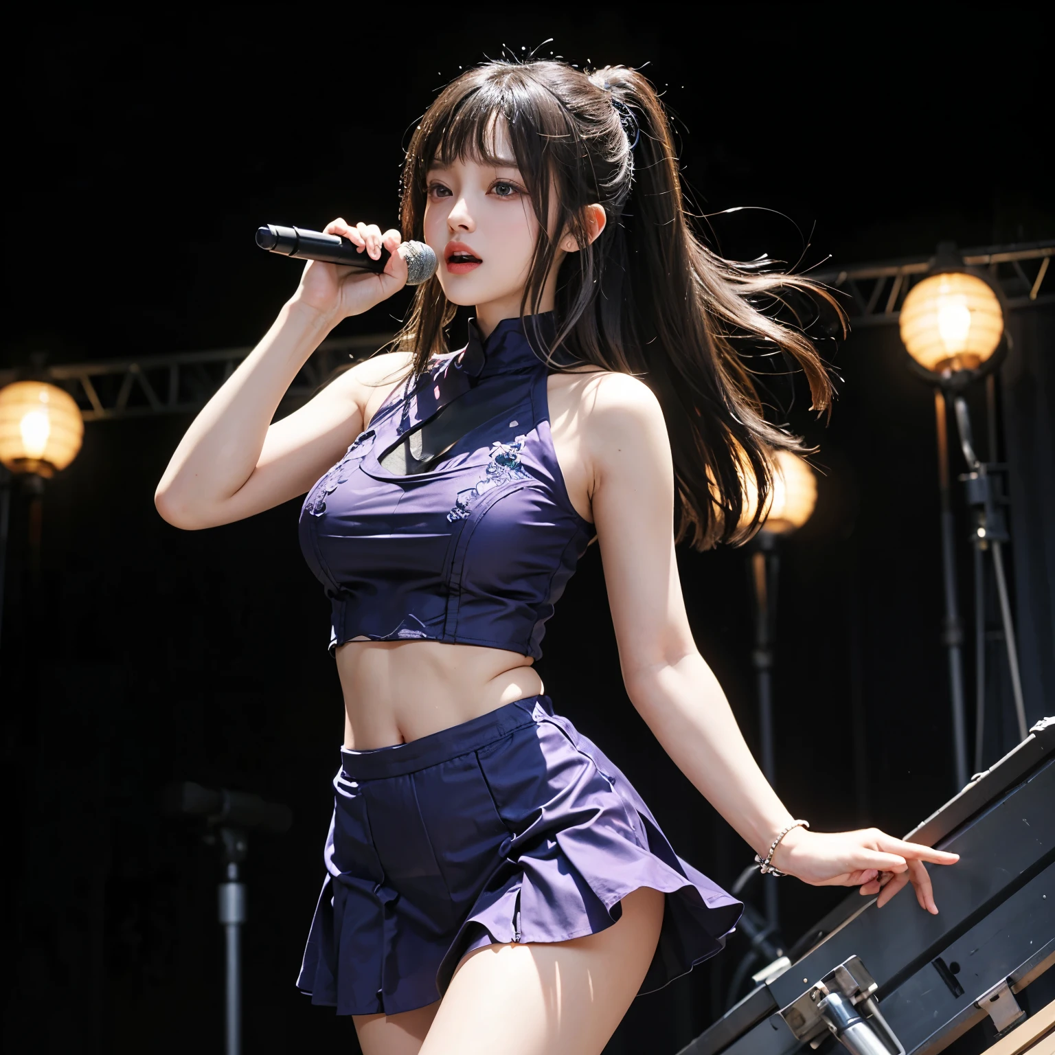 (((pixel perfect, Perfection with attention to detail))), alone, 1 girl, Chihaya Kisaragi, stage, Idol, bare shoulders, necklace, looking at the viewer, :d, break (flat chest:1.2)