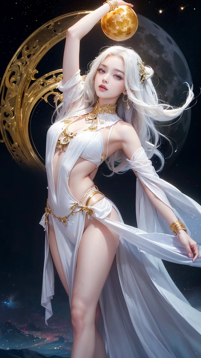 solo, high resolution, highest quality, super high quality, super detail, ultra realistic, photorealistic, anime, illustration, fantasy, Northern Renaissance style, super beautiful goddess, mysterious, enchanting, sharp slit gold eyes, flowing layered side braided white hair, tattoos, perfect proportion, full body, wearing see-through robe embroidered with gold, background galaxy, magic circle,
kaleidoscope, rainbow and gold neon light many lines
