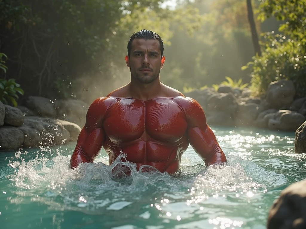hot hunky handsome middle aged detective man with humongous enormous round large juicy wet oily hairy male pectorals, bara, nipples, navel hair, rainining and all the wet sweat is dripping on his chest, male focus, bearded, seductive smirk, detailed speedo, big underwear bulge