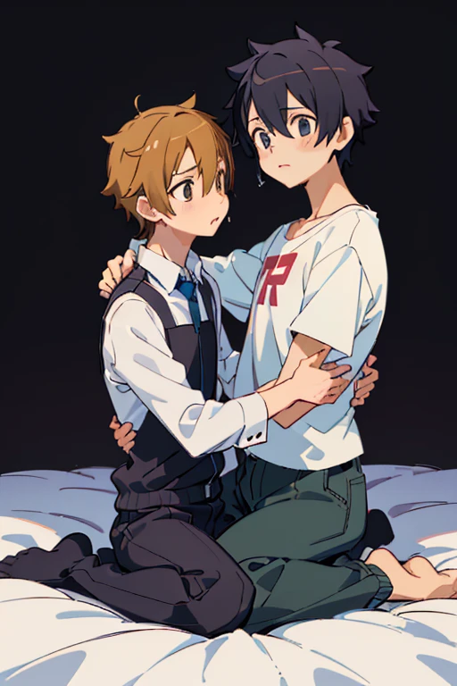 An effeminate teenage boy sitting on the floor behind him makes a friend caress his head and with his ????? passing the side of his friend's face