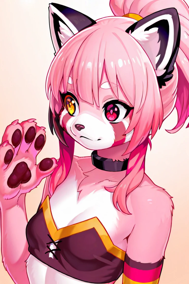 1 girl, Doll Fox Woman, Soft pink furry skin, Pink Heidi, Thick thighs, There is a long pink ribbon on the head, Pink heart-shaped pupils, Tight pink bikini,, Pink heart-shaped eyes,Big breasts,fox,Pregnant