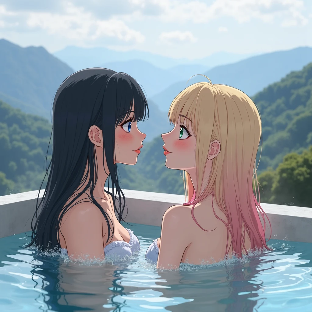 2girl, Naked, completly , Beautiful, Outdoor, Soaking in hot springs,Hold each other,tongue kissing,Sweat, drools,Flushed face,passion, passionate, Depth of field, Bokeh, Detailed background, Detailed lighting, diffused natural sunlight, diffused natural skin glow, symetrical eyes