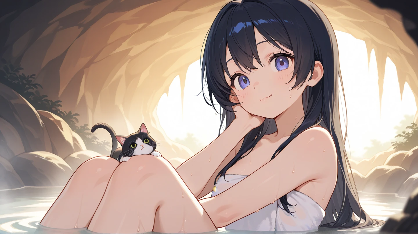 masterpiece, high quality, best quality, beautiful, hd, perfect lighting, detailed face, detailed body, 1 woman, (milf), solo, (black short hair), ((brown cat eyes)), big breasts, (naked), nipples, pussy, (cat white ears), sitting by the water