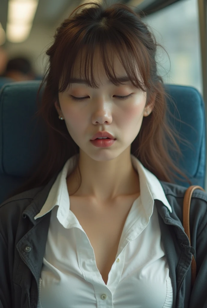 (((Top image quality、8K、1人の女性)))、(Beautuful Women、Beautie、kawaii、ren、japanes、The face is orderly、a small face)、((Take the train、Sitting on a chair、leaning))、Alone、Alone on the train、((Sleep with your eyes closed、The whole body is shown))、tshirts、Mouth open、droolng