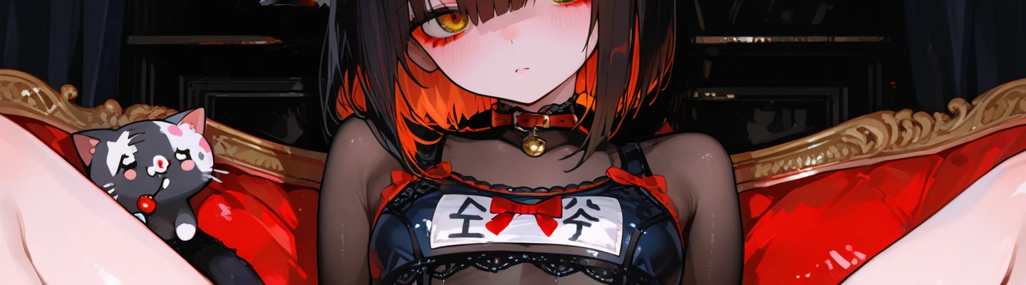 [Quality Improvement Prompts] ((masterpiece)), ((best quality)), (ultra-detailed), ((masterpiece)), ((best quality)), ((ultra-detailed)) illustration, (fullbody), a cute girl,1 girl, (chromatic aberration, intricate details),alone,
 [hairstyle]red eyes,black hair,cat ear,long hair,twintails,
 [expression] evil face, embarrassed smile, corruption, 
[clothing] (golden), (bodycon),blush,navel, fishnet stockings, (o-ring:1.2), choker, fully clothed,glowing skin,
[Pose/Angle] Standing , (face focus),looking at viewer,from the front,
 [Background] at office in background, night,no text, 