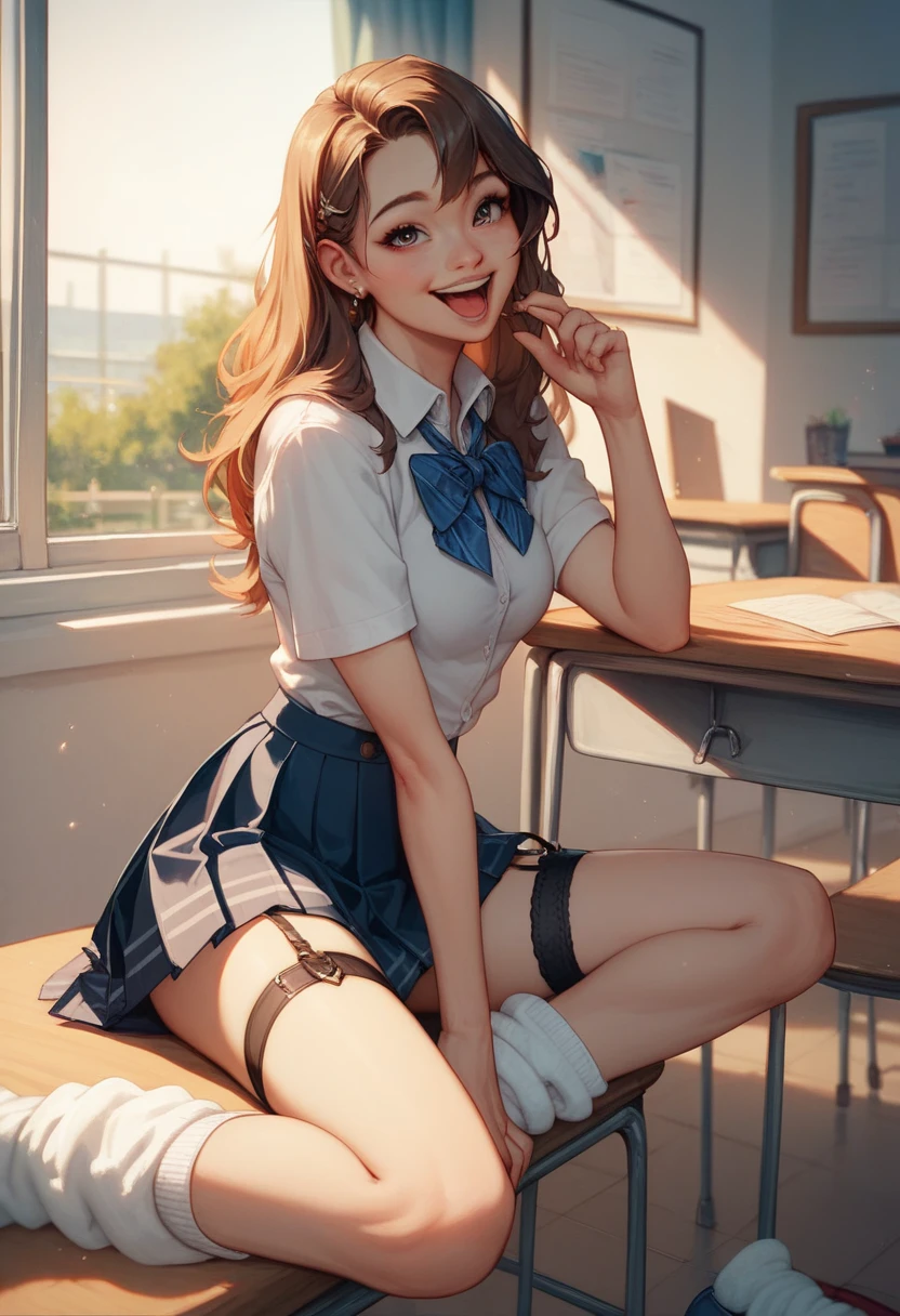 ((ultra realistic, best quality, masterpiece, perfect face)), (best quality), official art, extremely detailed, 8k, highly detailed, shiny skin, Depth of field, vivid color, 1girl, cute, schoolgirl, brunette, (fit:0.8), (full body:0.6), solo, school uniform, crop top, navel, miniskirt, short skirt, black hair, short pigtail hair, hair ribbon, (public:1.1), glowing eyes, beautiful eyes, embarrassed, sitting, in the school, in the classroom, (evil smile:1.2), sharp focus, high quality, 8k, hires, detailed, beautiful, detailed eyes, (crossed legs:1.2), full breasts, flirting, teasing, make-up, makeup, pink lips, red blush, black eyeliner,