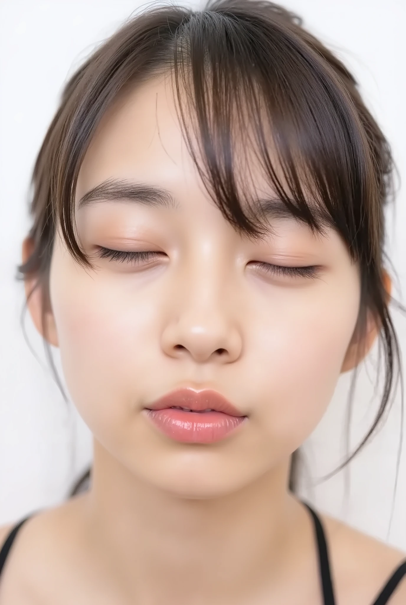 ultra-detailed close-up of a beautiful girl, collarbone-up composition, white studio background, soft natural lighting, slightly elevated front camera angle (around 35-60 degrees), full face and head visible in frame, chin gently lifted as if reaching up, head slightly tilted for cuteness, hands behind back and not visible, black camisole strap visible, soft innocent charm, longing and dere-dere expression, blissful and euphoric smile with flushed cheeks and ears, dreamy and adorable aura, eyes gently closed or nearly closed with soft lashes, expression overflowing with affection and dazed joy
extremely puckered lips forming a tight rounded "O" shape, strongly pursed lips protruding forward, circular and centered kiss-mouth, shimmering glossy lips with wet highlights, lips reflecting light with moist texture, hyperfocus on lips with soft depth-of-field blur around face contour to draw attention, slightly parted mouth (optional) to hint at tongue, but lips retain the tight circular shape
realistic natural skin texture with visible peach fuzz and matte softness, no visible makeup, subtle facial pores and skin microdetails, romantic soft glow
intense feeling of affectionate anticipation, cute and bashful yet deeply inviting kiss pose, soft warm atmosphere