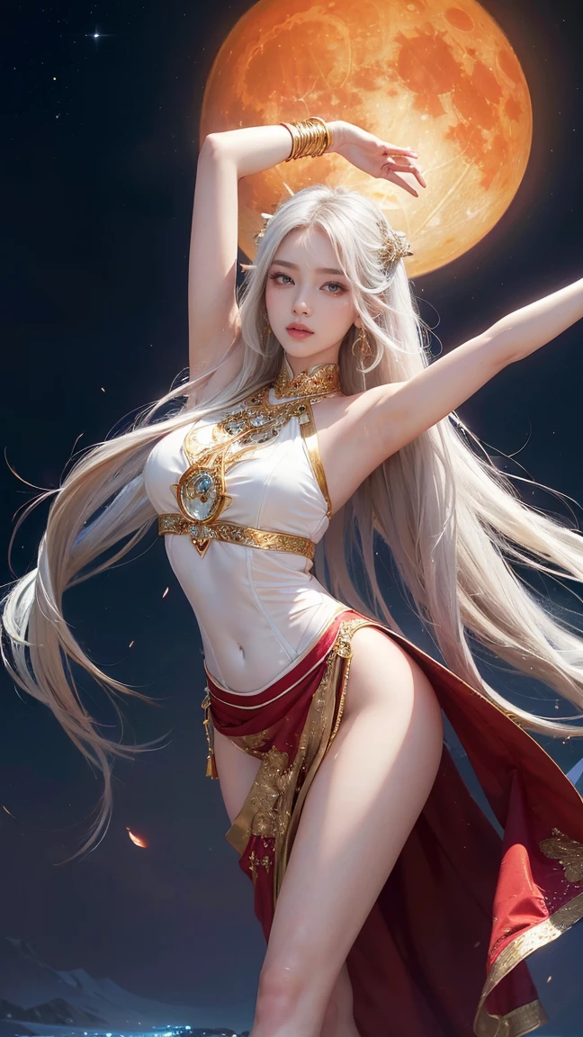 CG unity ((extreme) detail 8k wallpaper, masterpiece, best quality:1.2), High detail, Best image quality, A angel with white long hair, Peerless beauty, long hair, Exquisite and perfect facial features, Be red in the face, sexy body, full body, perfect body beauty, slim waist, big butt, big ass, thin beautiful thighs, beautiful thin legs, very detailed facial and skin structure, harmonious facial details, happy face, happy smile, fair skin, big eyes, dark red eyeballs, glittery eyes, soulful eyes, pretty eyes, Double eyelid, hair decoration, earrings, Necklace, angel suit, large cloud
