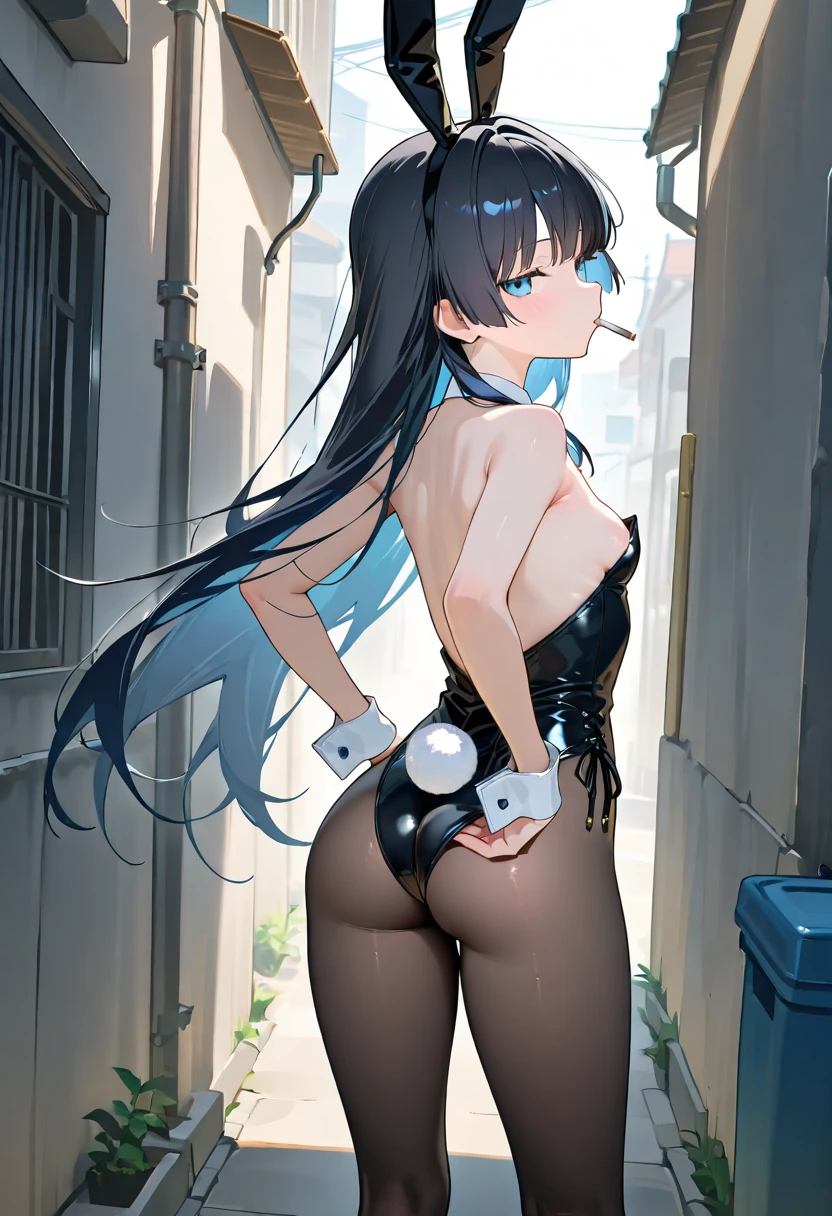 16K Best Quality, of the highest quality, super detailed, masutepiece, mummy costume, Bewitching smile、condom in mouth、Arm bandage, chest bandage, Bandage on the buttocks,Condoms are wrapped around after use.、Bandage condom thigh bandage,Beautiful woman with long blue hair, She has a big braid in her hair. Red Eyes, ultra gigantic tits, Super big ass, Big thighs, The background is the night sidewalk of the city crowded with Halloween parties