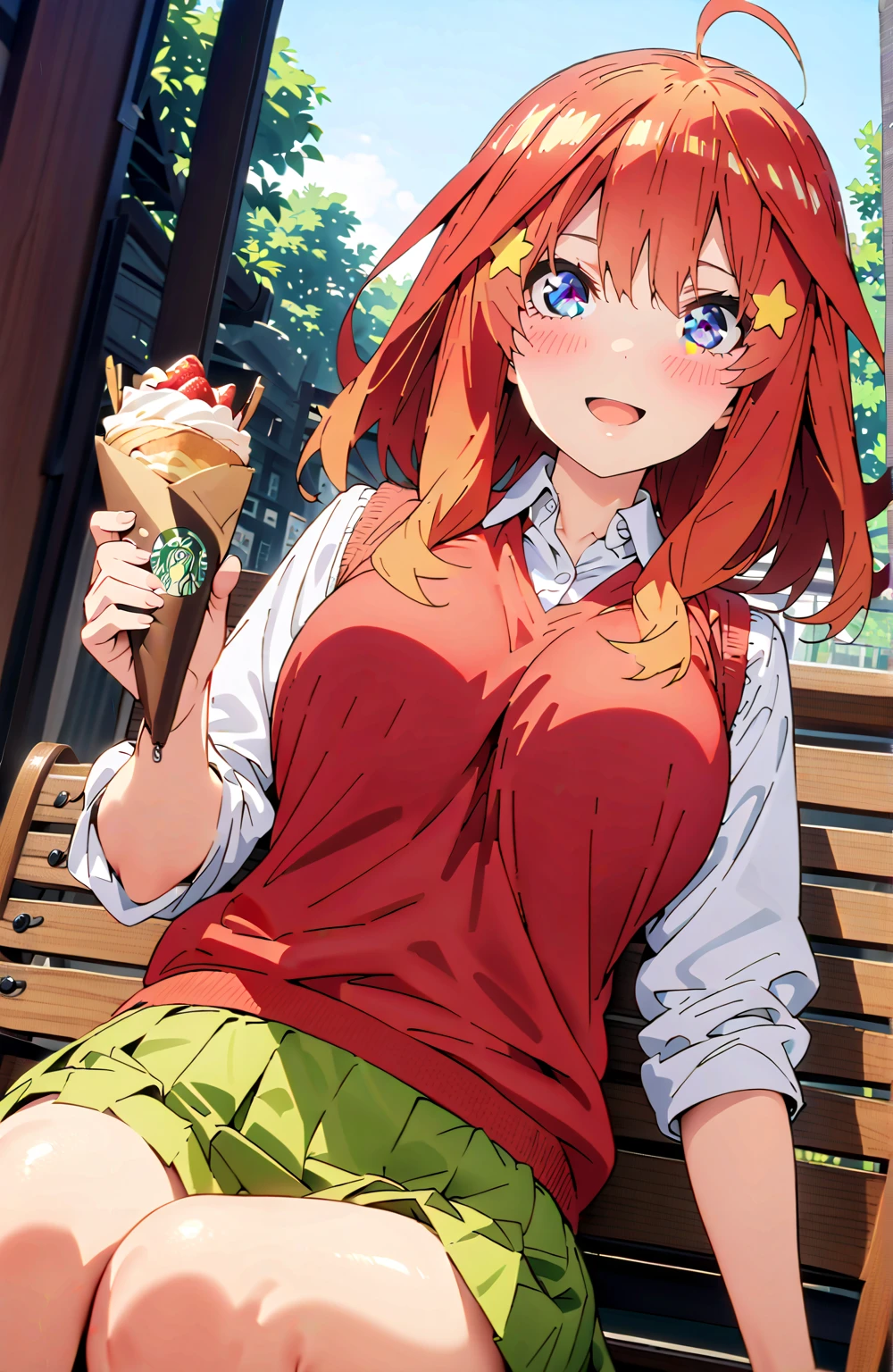masterpiece, best quality, 1girl, (petite), (Itsuki), (star hair ornaments), (red cardigan vest), (green skirt), (microskirt), (panties), (micro panties), (highleg panties), (pink panties), (strong thighs), thigh strap, sitting, (reclining), (outstretched legs), (outdoors), (picnic), (cherry blooms)