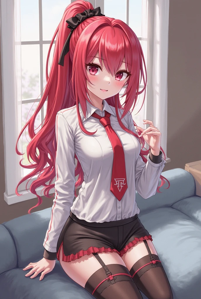 (8K、Highest image quality、highest quality、masterpiece)、detailed face、((one ))、red hair、medium hair、twintails、red eyes、pointed ears、evil smile、((small breasts))、((open cloth white shirt))、black lace bra))、((black pleated skirt))、((miniskirt))、open legs、sit at desk、classroom background、((nsfw))