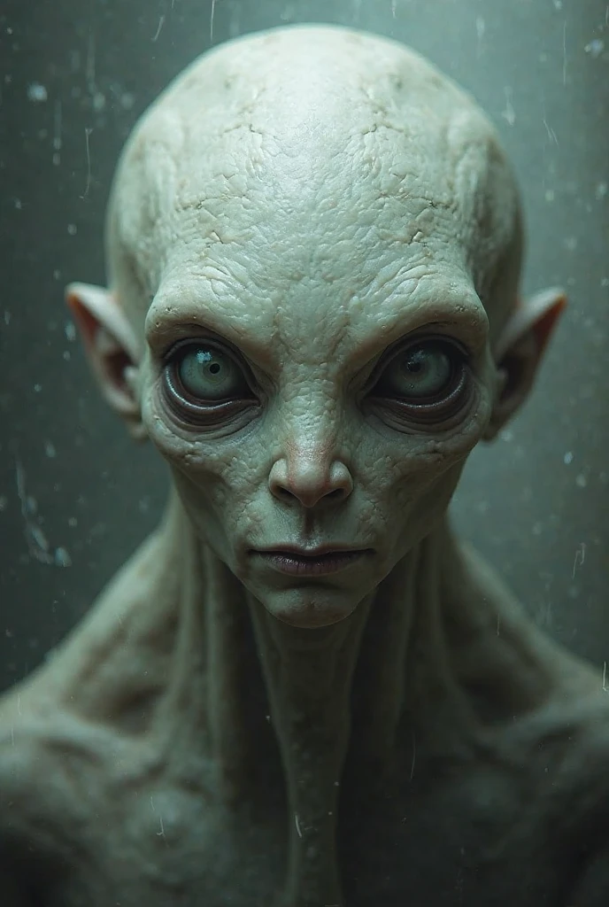 alien looking statue in a city with buildings and a street light, keyframe illustration, vfx film closeup, portrait of an alien, inspired by Fritz Puempin, gray anthropomorphic, 2 0 1 5 cinematography, symmetry ; photorealistic, face shown, wintermute --auto --s2