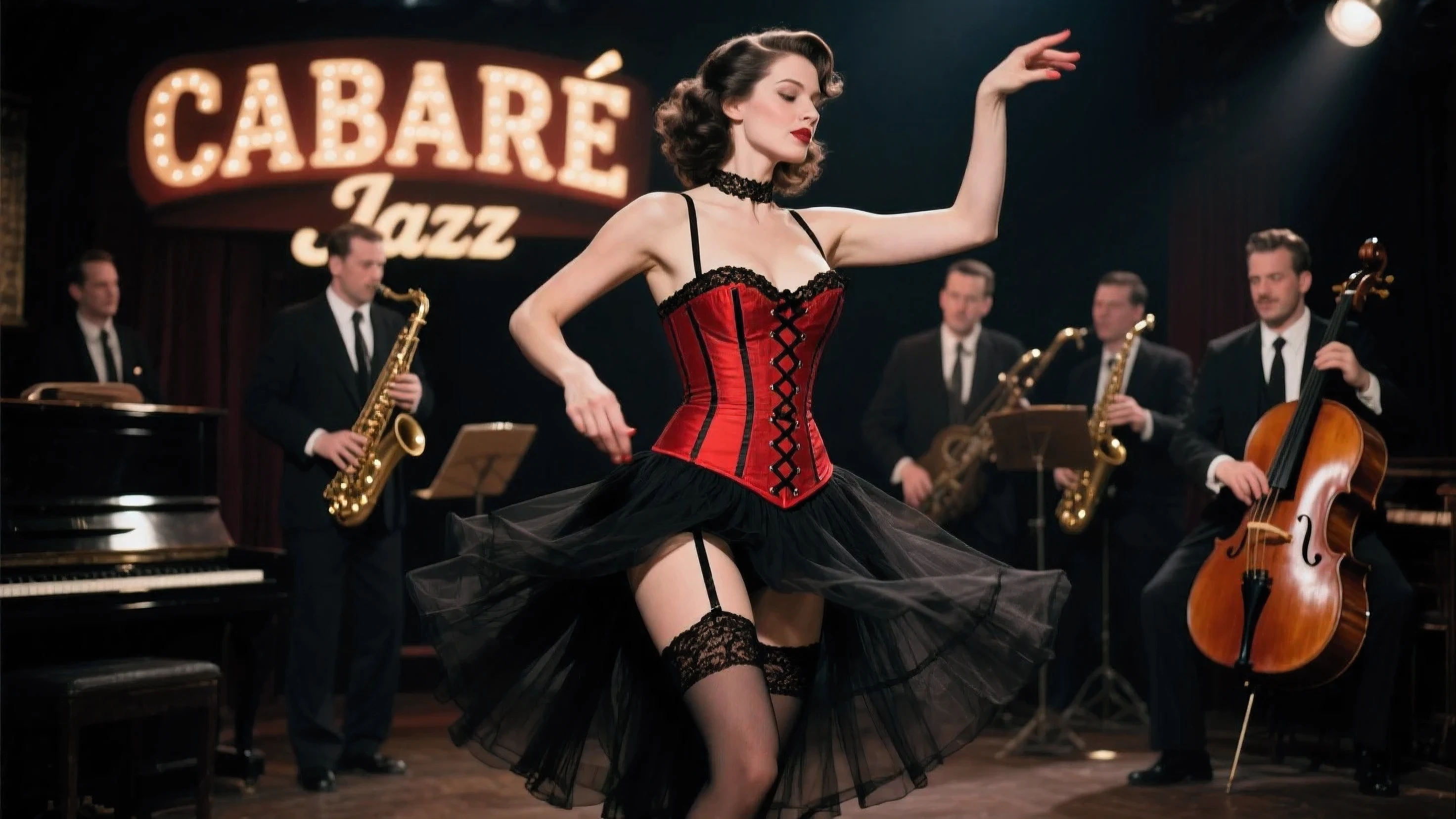 RAW (full-length photo) of 25 year old Tatar woman standing on a theatre scene near a poster that says ATTENTION, wearing luxury underwear, detailed real skin, happy smile, natural color, colorful illumination, [pin-up style]