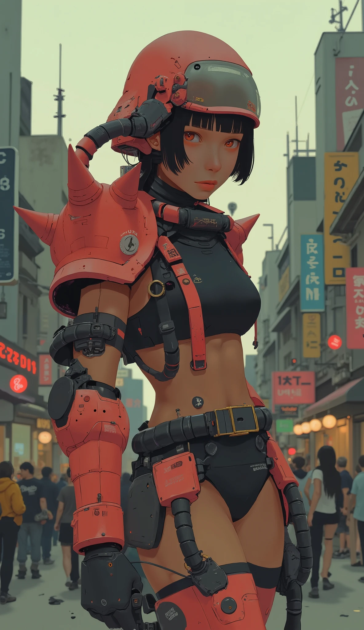 Zaku, This is a very detailed photorealistic picture, a female character in a Zaku suit. Bikini Style , The shoulders and chest are covered with large armour, angular plate ,赤いZaku、The left shoulder has a characteristic emblem., Walking Through a Crowded Street .