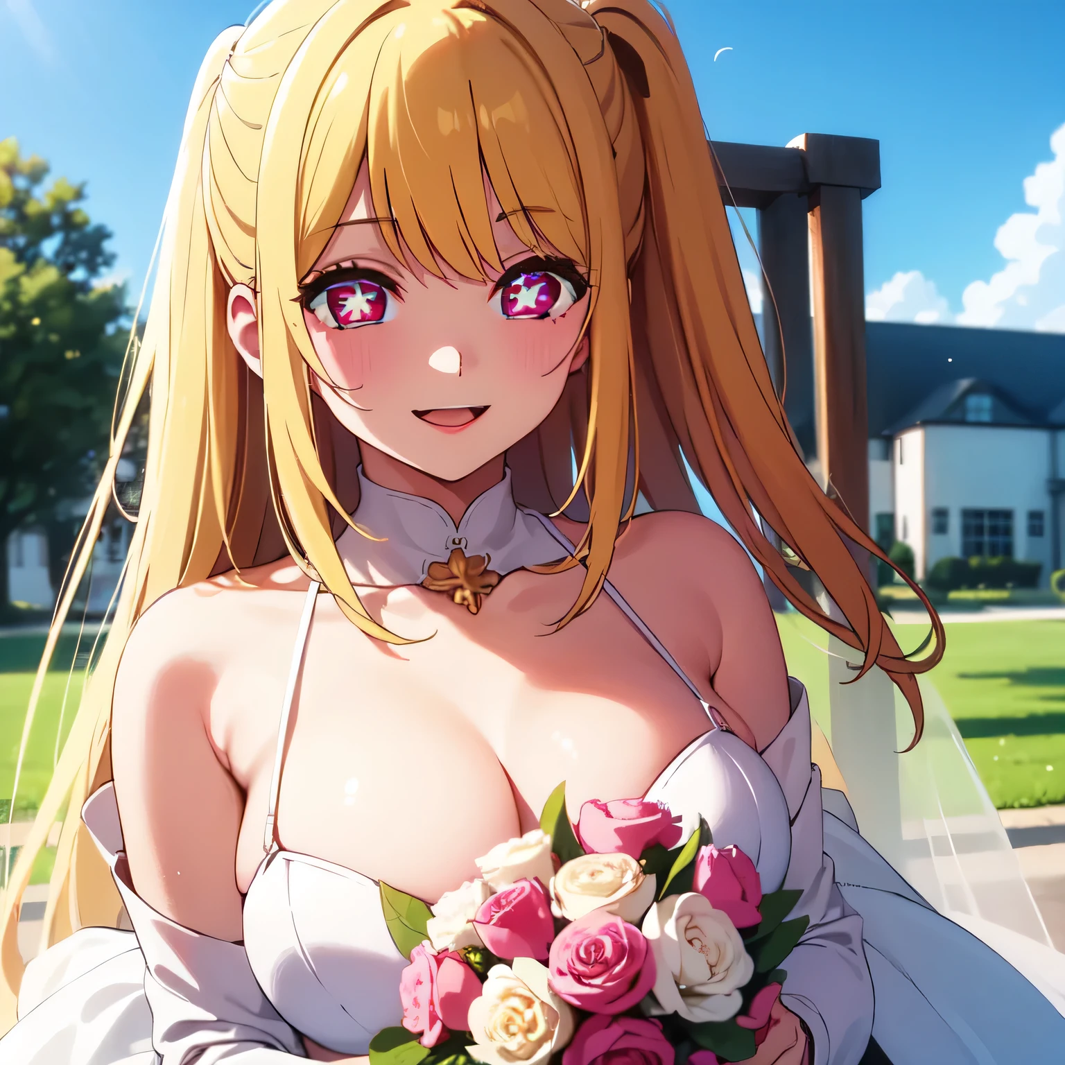 (masterpiece, top quality, best quality, official art, beautiful and aesthetic:1.2), (1girl:1.3), extremely detailed, official artstyle, highest detailed, parted lips,wallpaper, both eyes closed, long hair, beautiful blonde hair, ponytail hairstyle, bangs, (happiness, beautiful smile, happy expression, happy face), ((Wedding dress, chies, Bridal veil, Wedding, Bouquet)),(cowboy shot), holding a flower, cowboy shot