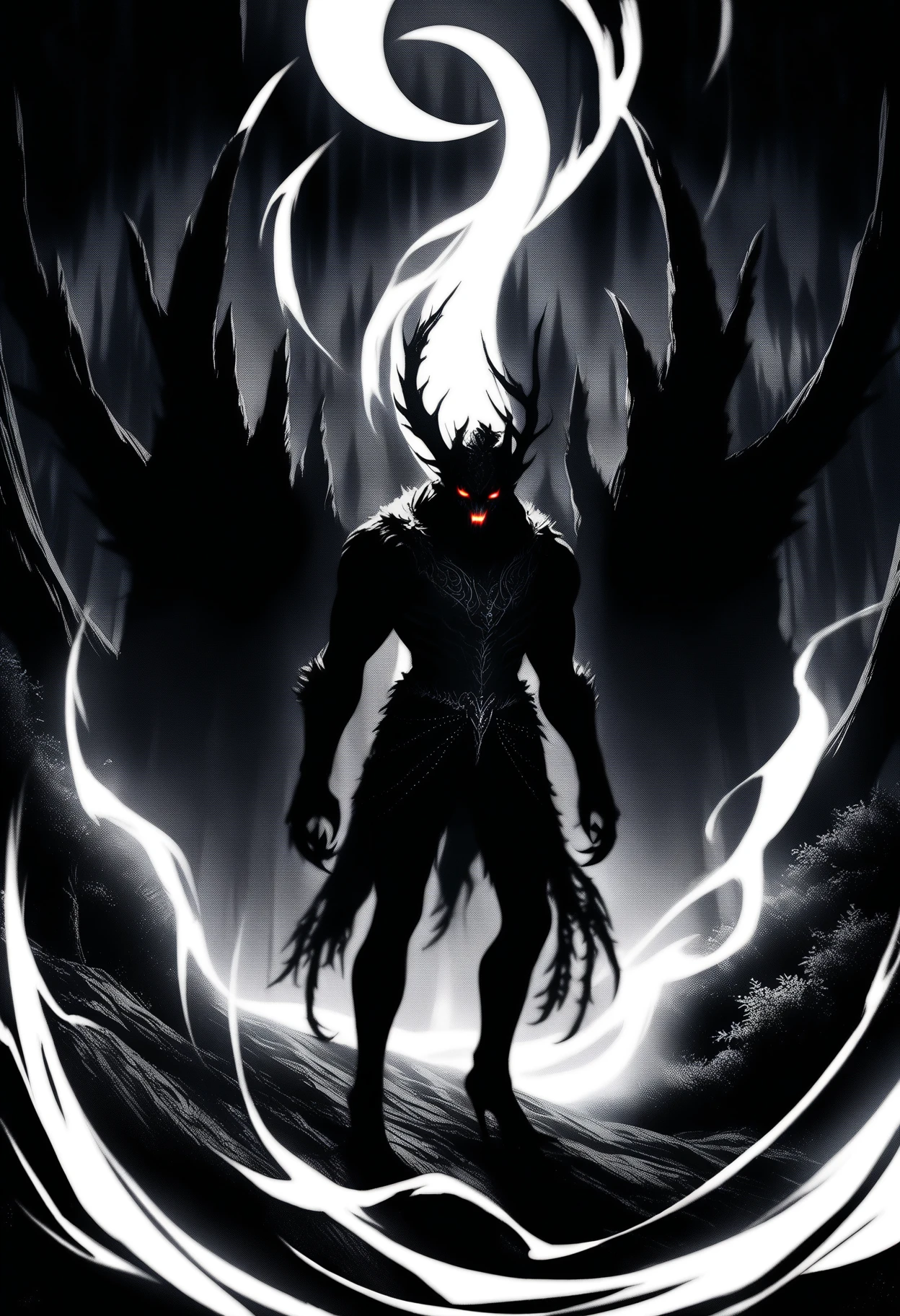 A silver demon standing in the darkness, its entire body visible