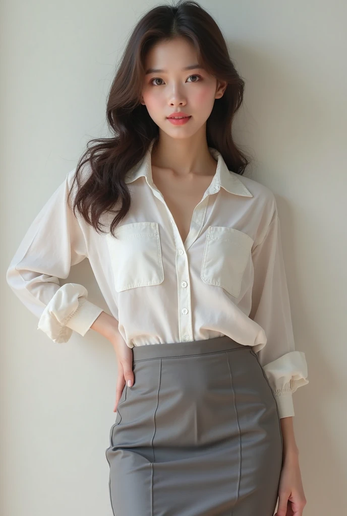 Arapi woman in the car,sexy for,White color blouse,Do not open the buttons,Gray hip skirt,2 2 years old,thicc,She was about 26 years old,Height 170 cm,korean people,Delicate face,realisticlying,Japan goddess,Pale yellow light,very Bigger breasts