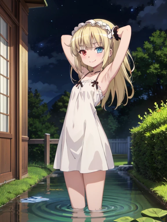 A girl with a cute Alice in Wonderland-like blonde wavy headband sits completely naked with her legs spread wide, showing her ass, anus, pussy, and small nipples.。I don't wear any underwear。A pose where you can be seen from below。are small。Pose that shows your anus。pussy and anus are spread。Spreading legs with both hands。taking off the apron dress。Panties are lowered to the knees、SEX。NSFW