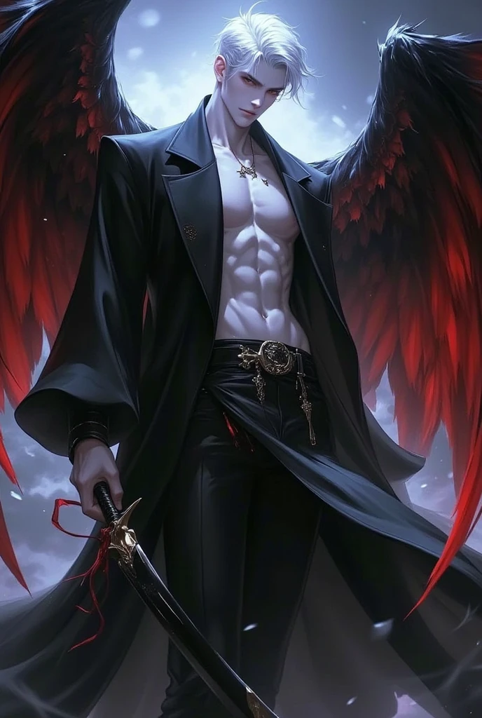 (muscular male: 1.2), (large black feathered wings: 1.3), detailed face, masterpiece, extremely intricate details, (best quality: 1.1), strong eye focus, (grey eyes: 1.1), moonglow, mythology,