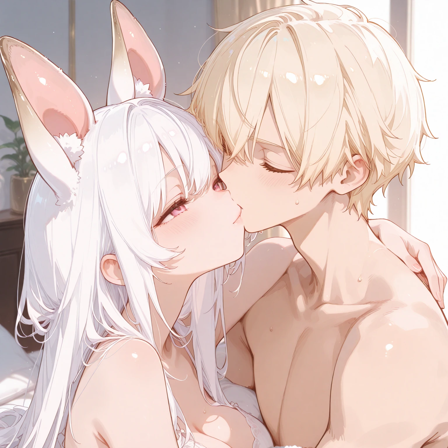 Group, harem, score_9,score_8_up,score_7_up, source_cartoon, kemono style, anthro furry bunny girls, three bunny girls, naked, blowjob, the girls are licking and sucking on human males cock, more naked bunny girls in the background, simple background, male is cropped out, side view 