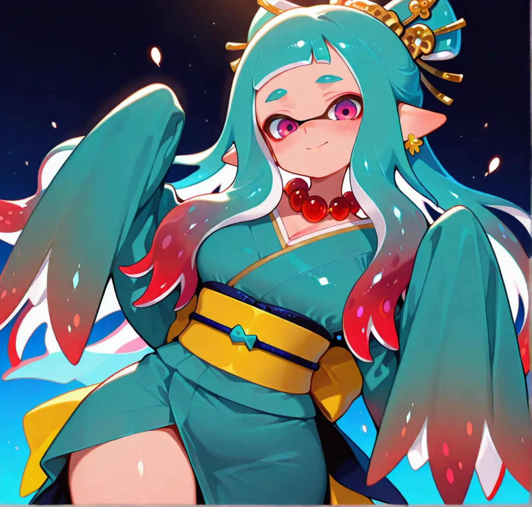 score_9_up, score_8_up, 1girl, solo, splatoon inkling, (black tentacle hair:1.2), amazing composition, glowing pink irises, gradient hair, twintails, red ribbons, incredible lighting, smiling, beautiful night scene, <lora:SplatoonInkling_PD_v030:0.6>, <lora:Smooth Anime 2 Style SDXL_LoRA_Pony Diffusion V6 XL:1>, <lora:SparkleXLHS:1>, spksd, fox mask on head, bright red silk kimono, obi, o-ring thigh strap, o-ring top, flower tattoo, hair ornaments, painterly style, bell choker, mole under eyes, temari ball, tassels