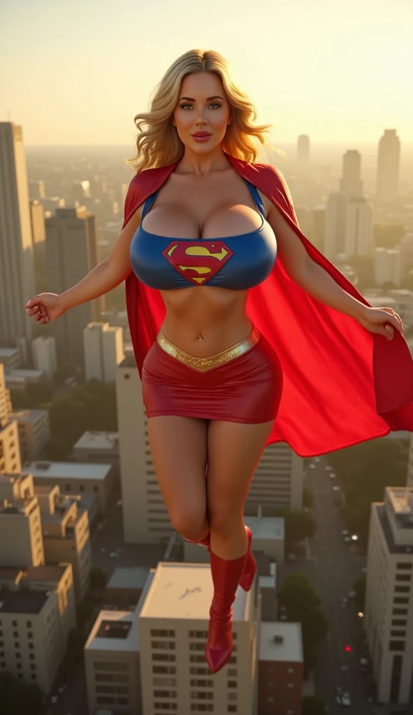 (1girl), (A dynamic pose of a stunning beautiful Nicolette Shea), in focus, photo, (photorealistic), (full body shot), wide angle, face in frame, looking at camera, eye contact, seductive, standing on top of a skyscraper overlooking a city, ((wonder woman costume)), platform heels, (huge boobs:1.7), huge cleavage, athletic build, lip fillers:1.8, silicone lips:1.8, red lipstick, shiny wet lips, blonde hair in a messy bun, detailed face, detailed body, detailed muscles, flawless skin, smooth skin, blemish-free skin, hdr, 8k, best quality, detailed, hyper details, cinematic, insane details, intricate details, hyperdetailed, golden hour, accurate hands, accurate fingers