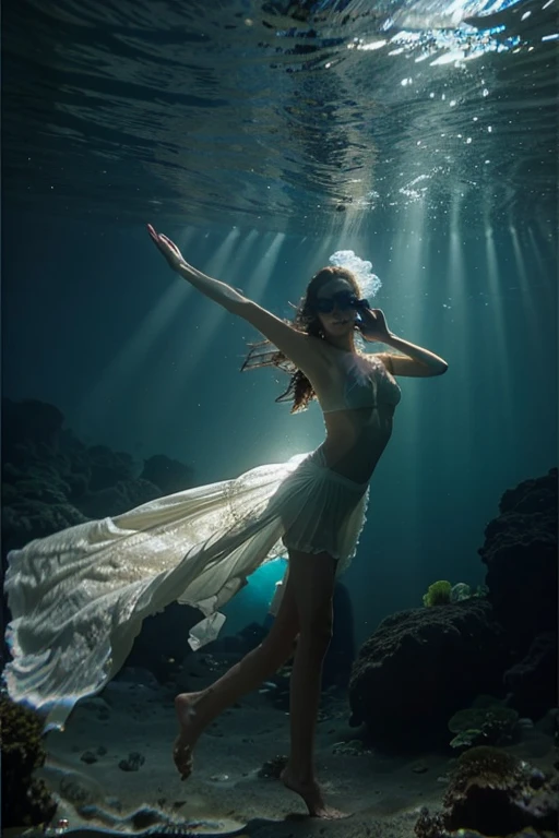 A perfect shot of a woman wearing a long dress, emerging from the water, seen from the bottom of the lake, submerging herself in the water with her arms gracefully extended, , Her hands are almost touching the surface of the water. Perfect face, perfect hands, ultra-realistic, style of perfection, epic, realistic, cinemascope, no nudity, see-through clothing,((Ballet Pose:1.5)), Big hips, big breasts, thick thighs, long legs, from above:1.8