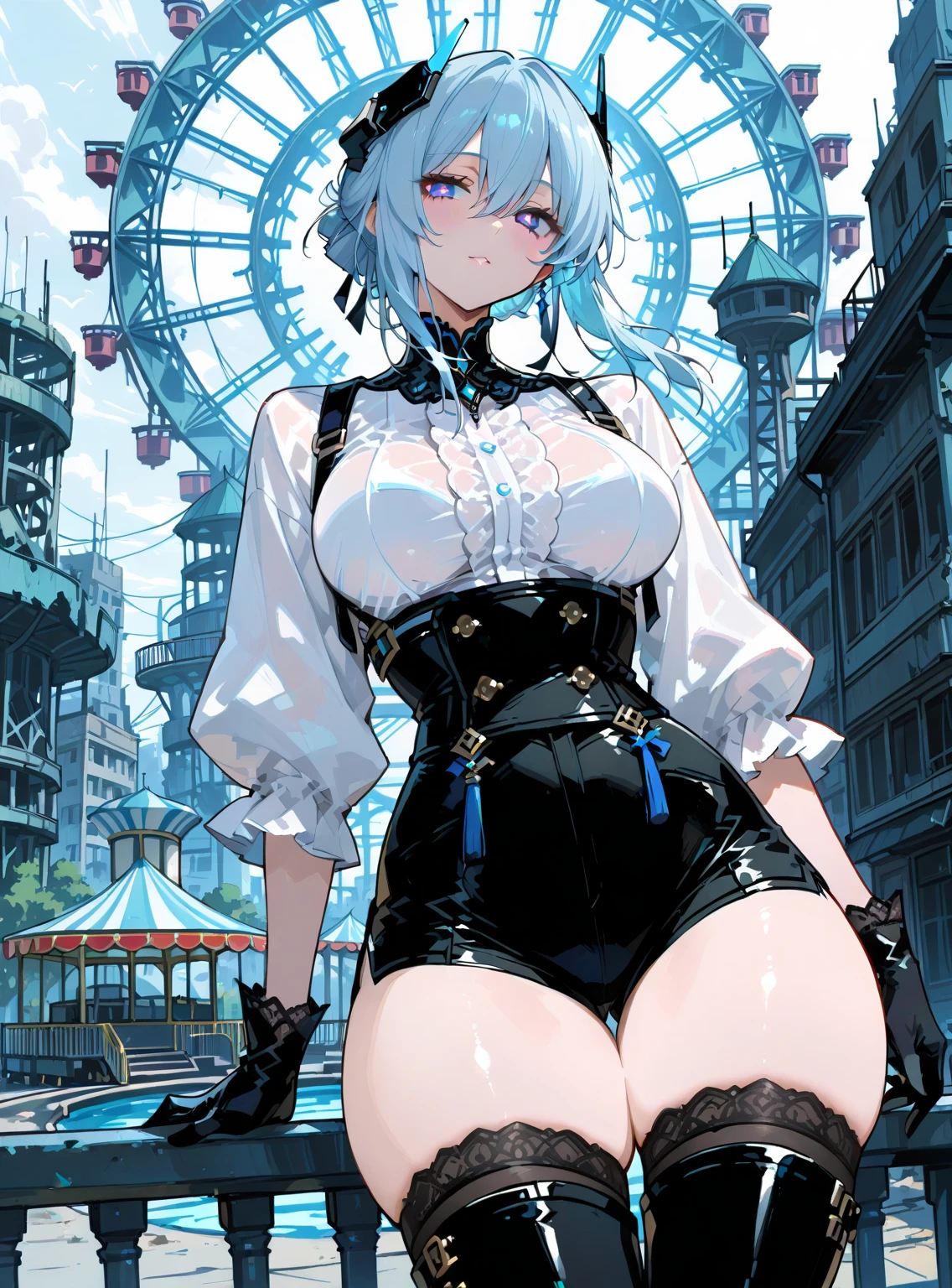 Short blue hair, White semi transparent underwear,,huge tit,Bare belly,Bare neck up and down,In the middle of the city,full bodyesbian,There are microcars on the ground