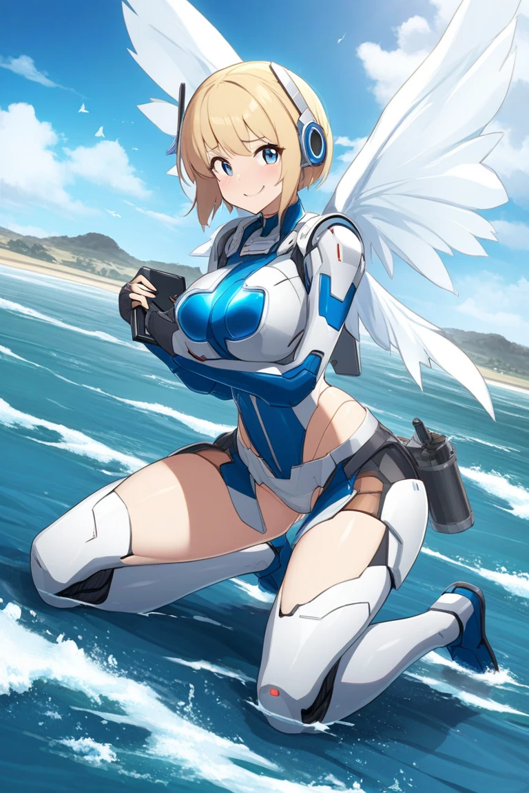 1girls, bikini, white bikini, blue trim, neon trim, sneakers, shoes, tech, scuence-fiction, futuristic, machinery, smile, tongue out, tongue, blonde hair, very short hair, short hair, boyish, tomboy, blue eyes, breasts, large breasts, wide hips, smirk, smug