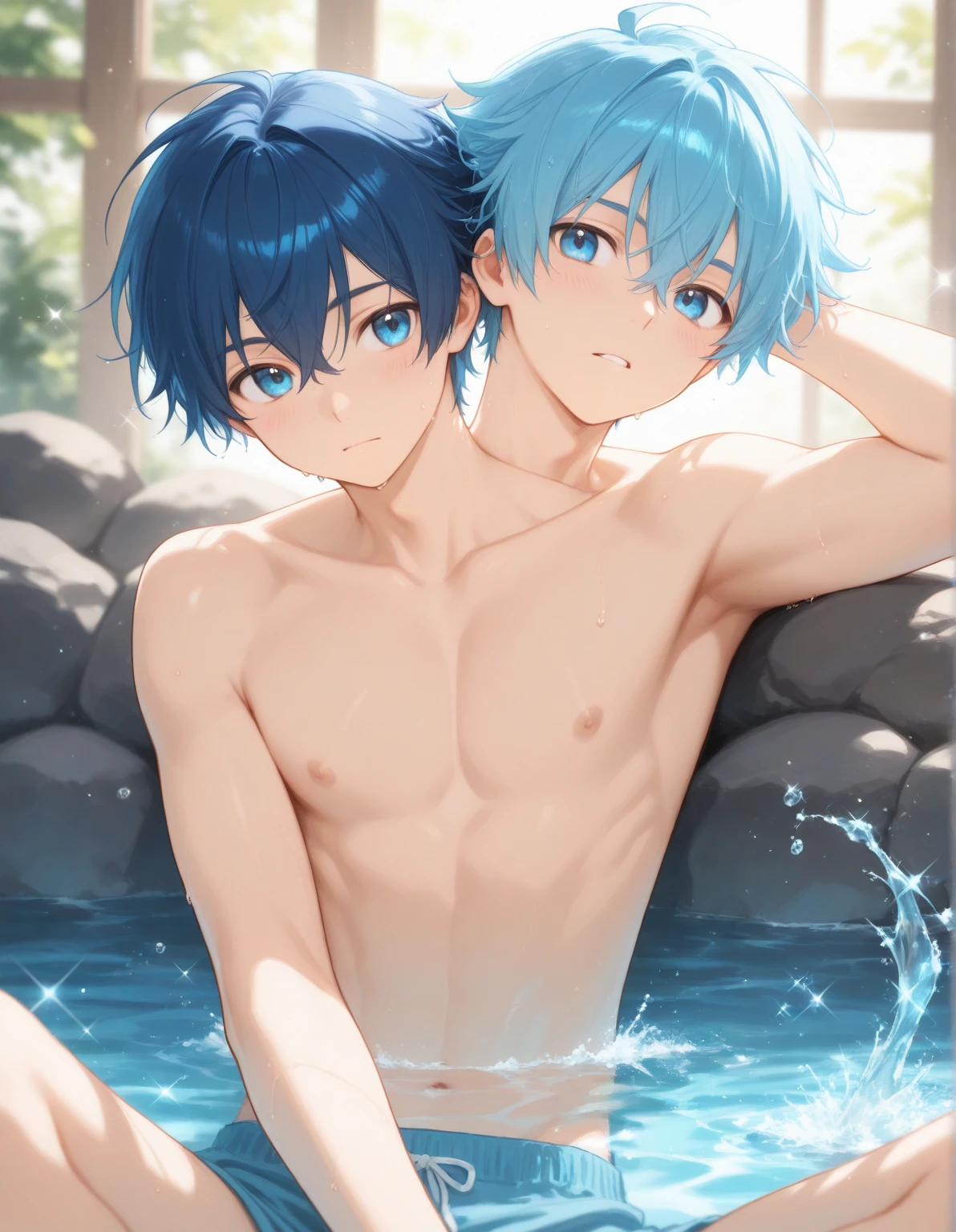 masterpiece, best quality, high quality, 2boys, , duo, male focus, full body, looking at viewer, blue hair,spiky hair, no shirt, wearing white wet towel, steam smork, japan style, anime coloring, shy, home muji style, detailed face, Japan style, friend is so shy, friend white spiky hair,