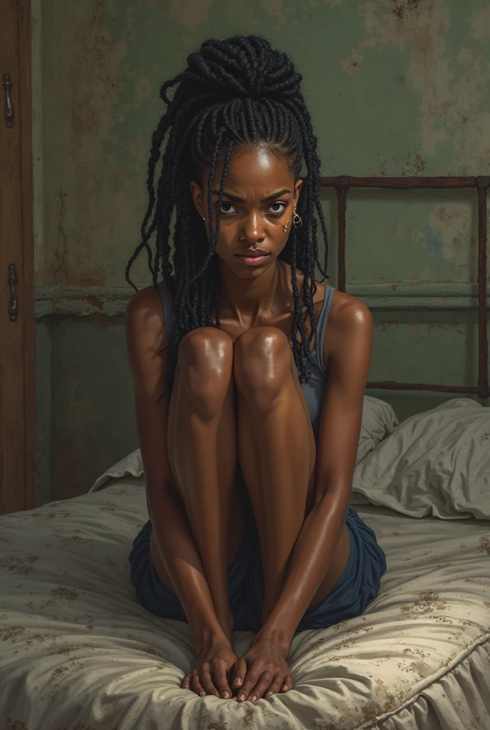 the figure sits with his legs spread apart, fully clothed figure in various rusted clothes, the figure is covered by a dirty torn skirt, the figure is wearing a ragged long t-shirt, a sweater and a coat, extreme anorexic african black woman with a zombie-like appearance, Under heavy drugs, Serious mental illness written on her face, anorexic black skin body, prominent veins on her neck legs and hands, Sad, Sprayed with man's sperm on body, Post-apocalyptic world, Only one woman in the picture, Ugly environment, Ugly scenery, Abandoned well-equipped operating theater circa 1920, Ruined room, Woman looking at camera, Woman in center of picture, Realistic, extra thin legs, spread legs, bare feet, woman is dressed, covered breasts, the woman is wearing a bra, bra on bobs
