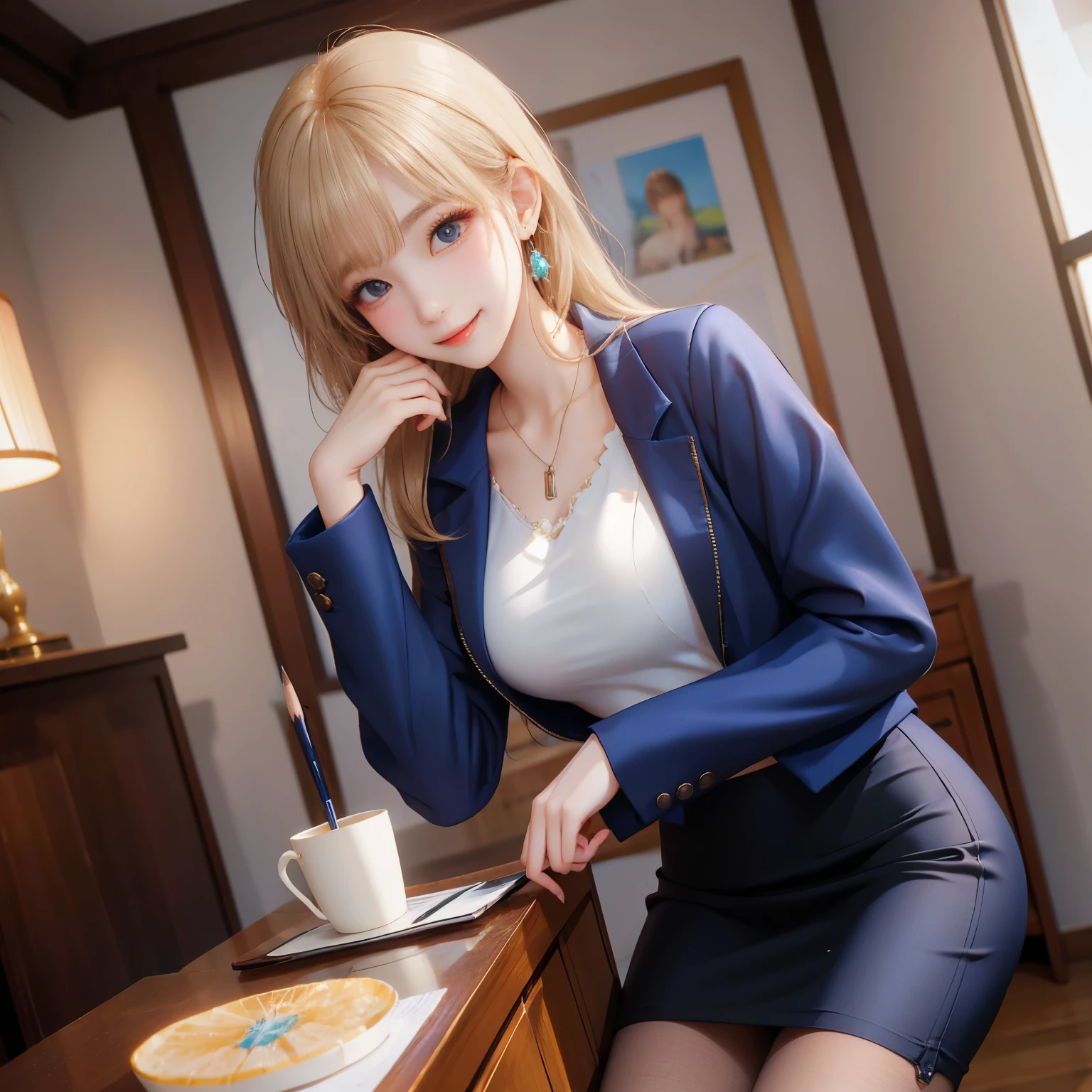 8K quality、High resolution、Sexy suit woman、Realistic skin texture、High resolutionの肌、、Princess Hair、thin、Small and young breasts、A seductive smile、Beautiful cleavage、Gray Hair、Thin legs、Yellow hair French braid、、Full Body Shot、Moist lips、Sitting at a desk looking at documents